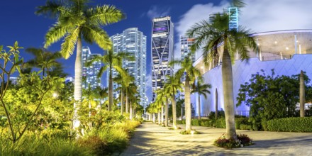 Miami skyline with skyscrapers at Maurice A. Ferré Park Panorama at night in Miami, USA