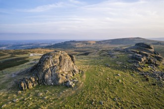 Haytor Rocks from a drone, Dartmoor Park, Devon, England, United Kingdom