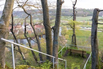 Maylust vantage point with a view of the Freiberg Mulde valley in the morning light, with Buch