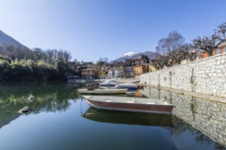 Boats on the lakeside promenade, Mergozzo, Lago di Mergozzo, Piedmont, Italy