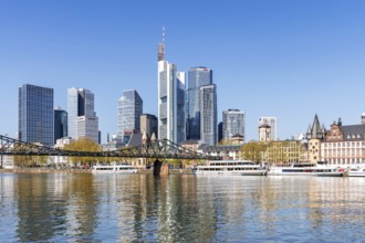 Frankfurt skyline skyscrapers with banks on the river Main with excursion boats and Eiserner Steg