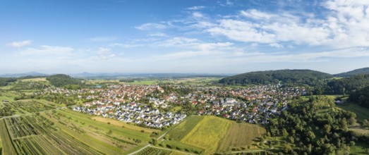 Aerial view, panorama of the municipality of Steißlingen, on the horizon the Hegau mountains,