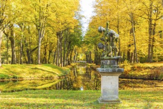 Group of figures in the park of Hermsdorf Castle with castle moat in autumn, Ottendorf-Ockrilla,