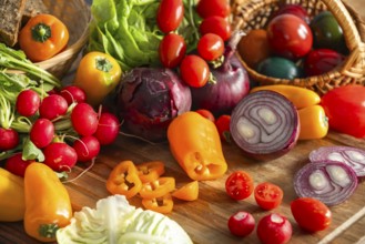 Mix of fresh vegetables such as peppers, onions and tomatoes, on a wooden board next to Easter eggs