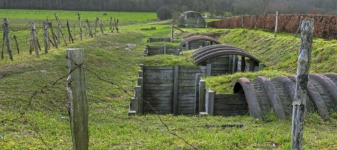 Reconstructed World War One trench with elephant shelters made of corrugated iron near WWI
