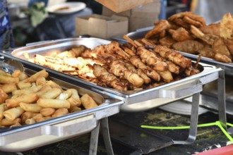 Fried Thai street food like spring rolls and chicken skewers