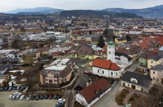Drone shot, townscape with residential buildings and shopping centres, town view, Feldkirchen in