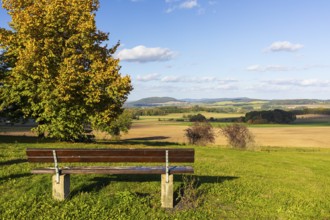 Bench with a view of Löbauer Berg and the Upper Lusatian Highlands in Kottmarsdorf, Kottmar, Upper