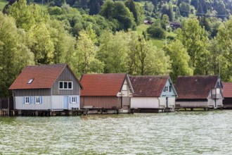 Boathouses in Bühl, Großer Alpsee, near Immenstadt, Oberallgäu, Allgäu, Bavaria, Germany