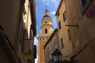 France, French Riviera, Menton Basilica Michael Archangel and old city streets in historic center