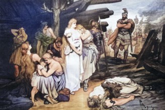 Captured Germanic woman in the Roman camp, Roman-Germanic War, c. 55 BC, coloured wood engraving,