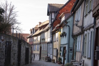 Historic half-timbered houses on the Schlossberg, World Heritage town of Quedlinburg,