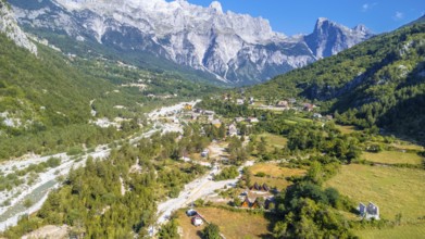 Aerial drone view of the valley of Theth national park, Albania. Albanian Alps