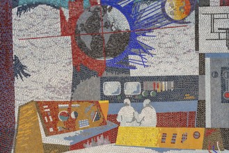 Detail from the glass mosaic Man conquers the cosmos in the style of Eastern Modernism, people in a