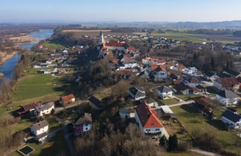 Drone shot, view of the village with Augustinian monastery Reichersberg, Reichersberg, Innviertel.