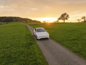 A white car on a rural road at sunset with a tree on the horizon, Tesla New Model Y, Germany