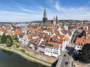 Aerial view of Ulm's historic city centre with the Danube and the cathedral, Ulm,