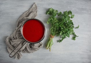 Tomato sauce with pepper and spices, Satsebeli, Georgian cuisine, red sauce, top view, homemade, no