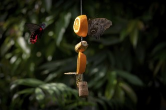 Spotted butterfly (Nymphalinae) and banana butterfly (Caligo eurilochus), sitting on a piece of