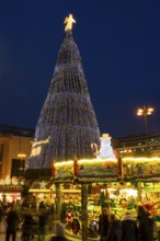 Largest Christmas tree in the world, coloured lights and angels on top, Christmas market, Dortmund,