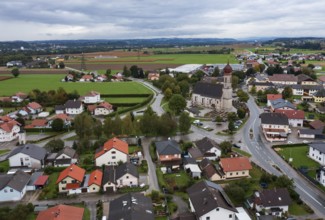 Drone shot, view of village with church, Burgkirchen, Innviertel, Upper Austria, Austria
