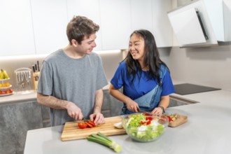 Asian woman and caucasian man enjoying quality time in a modern kitchen, chopping vegetables and