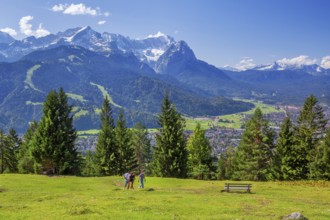 View from Wank 1780m to valley, village and Zugspitzgruppe 2962m, Garmisch-Partenkirchen,