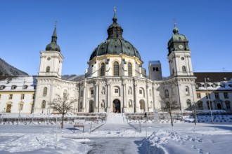 Ettal Abbey, baroque Benedictine abbey, inner courtyard with snow in winter, Ettal, Upper Bavaria,