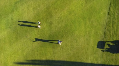 Aerial top view of three people in a green luxury gold course