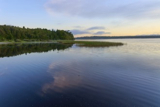 A calm lake in the morning with peaceful natural scenery and reflective clouds, Lake Mahinapua,