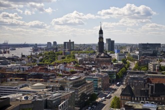 City view from above with the harbour and the main church St. Michaelis, called Michel, Hamburg,