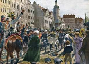 The monarchs and generals at the market place in Leipzig on 19.10.1813, from left: Gneisenau,