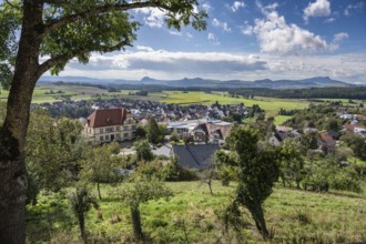 View from the viewing terrace of the town of Aach in Hegau with a view of the volcanic cones