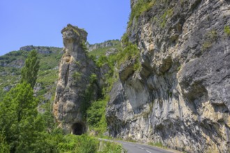 Tunnel through rock tower, road through the Tarn Gorge, Gorges du Tarn Causses, Département Lozère,