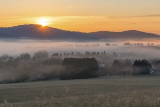 Oberlausitzer Bergland with fog at sunrise, view from Callenberg, Schirgiswalde-Kirschau, Saxony,