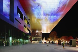 Art and Congress Centre, KKL, light installation at dusk, Lilu, Light Festival 2023, Lucerne,