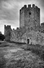 Main tower with defence walls, Castle of Platamonas, Platamon Castle, black and white, Platamonas,