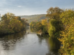 The river Saale in the Saale valley not far from Jena in autumn, Dornburg-Camburg, Thuringia,