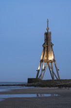 Illuminated Kugelbake, landmark, blue hour, low tide, North Sea, Lower Saxony Wadden Sea National
