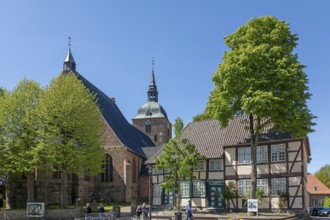 Houses, half-timbered house, museum, St. Nikolai church, Burg auf Fehmarn, Schleswig-Holstein,