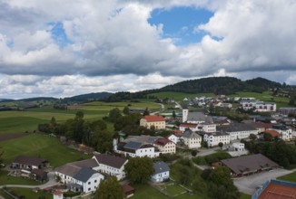 Drone image, view of the village with parish church, Grünbach near Freistadt, Mühlviertel, Upper
