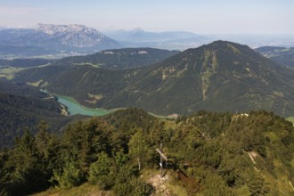 Drone image, summit cross on the Ochsenberg with Untersberg and Wiestal reservoir, Osterhorn group,