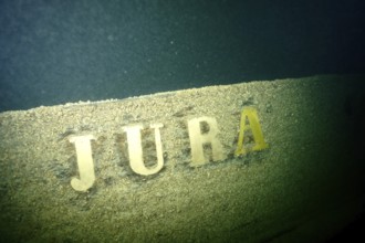The lettering 'Jura' can be seen on a weathered shipwreck covered with mussels, quagga triangle