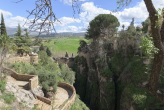 View of the Puente Viejo, Old Bridge and Mirador De Cuenca, Ronda, Malaga, Spain
