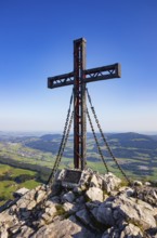 Summit cross on the Schober with view to Thalgau, Osterhorn group, Salzkammergut, Salzburg
