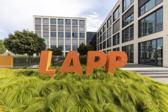 Company headquarters of LAPP Kabel, logo in front of the company headquarters, connection