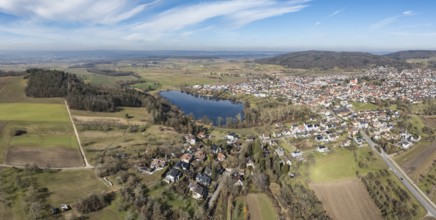 Aerial view, panorama of the municipality of Steißlingen with the natural bathing lake Steißlinger