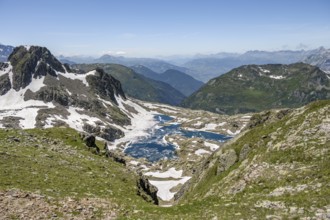 View of mountain lake Lac Cornu, mountain landscape, Aiguilles Rouges, Chamonix-Mont-Blanc,