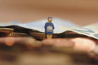 Miniature woman sitting on euro coin, twenty euro note in the background, North Rhine-Westphalia,