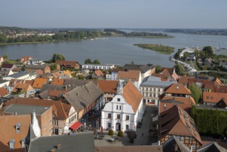 Old town with town hall, Peenestrom in the background, view from the tower of St Peter's Church,